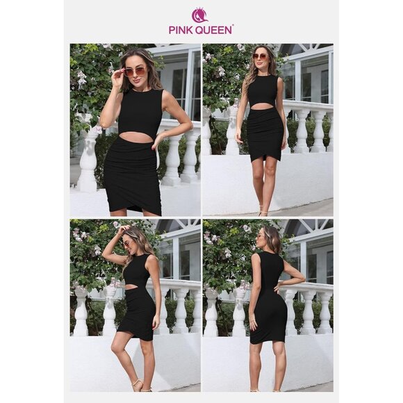 Women's Summer Crew Neck Sleeveless Cutout Ruched Ribbed Bodycon Mini Short Dres - Picture 7 of 7